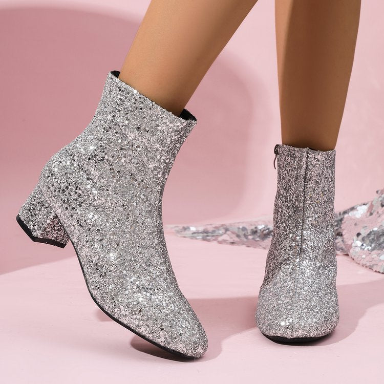 Damen glitzernde Stiefeletten mit kurzem Blockabsatz und seitlichem Reißverschluss Shop Nory