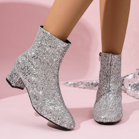 Damen glitzernde Stiefeletten mit kurzem Blockabsatz und seitlichem Reißverschluss Shop Nory