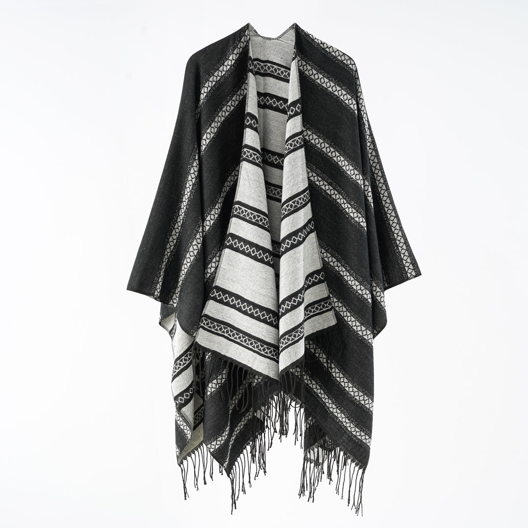 Damen Wollmix-Wickelponcho im Jacquardstreifen mit Fransen Shop Nory