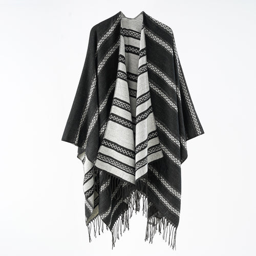 Damen Wollmix-Wickelponcho im Jacquardstreifen mit Fransen Shop Nory