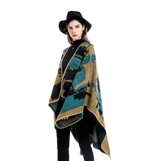 Damen Oversize-Umhangruana aus Wollmix mit abstraktem Jacquard und Zierstichkante Shop Nory