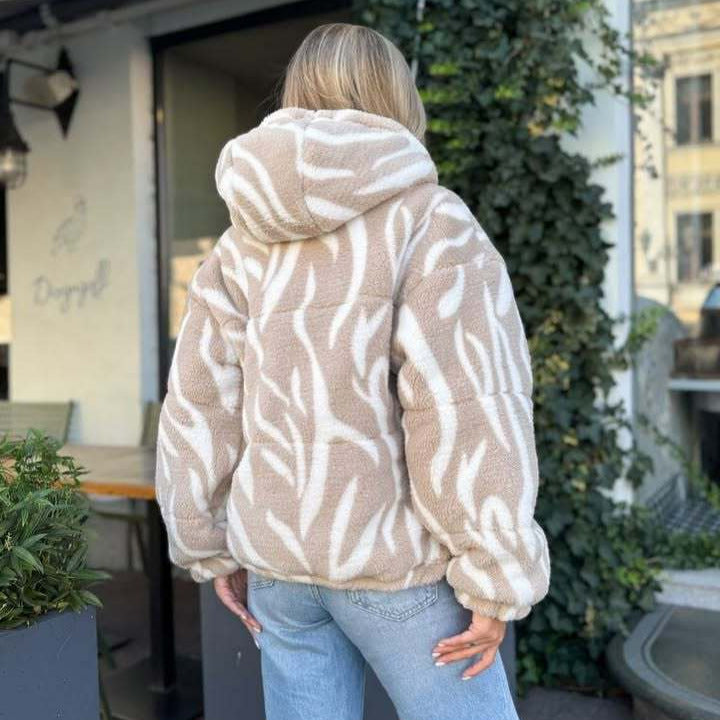 Damen Kurz geschnittene Teddy-Fleecejacke mit Kapuze und Zebrastreifen Shop Nory