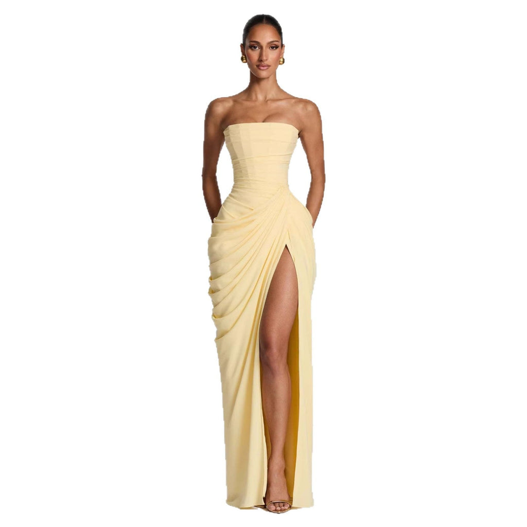Damen Elegantes Langarm Abendkleid mit asymmetrischer Drapierung und schmalem Schlitz ShopNory