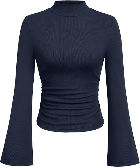 Damen Geripptes Langarm-Top mit Stehkragen, Trompetenärmeln und tailliertem Schnitt Shop Nory