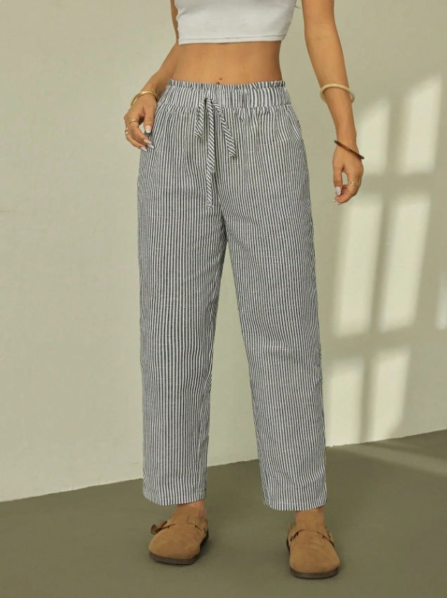 Damen Leinenoptik-Relaxhose mit High-Waist, Kordelzug und Nadelstreifen Shop Nory