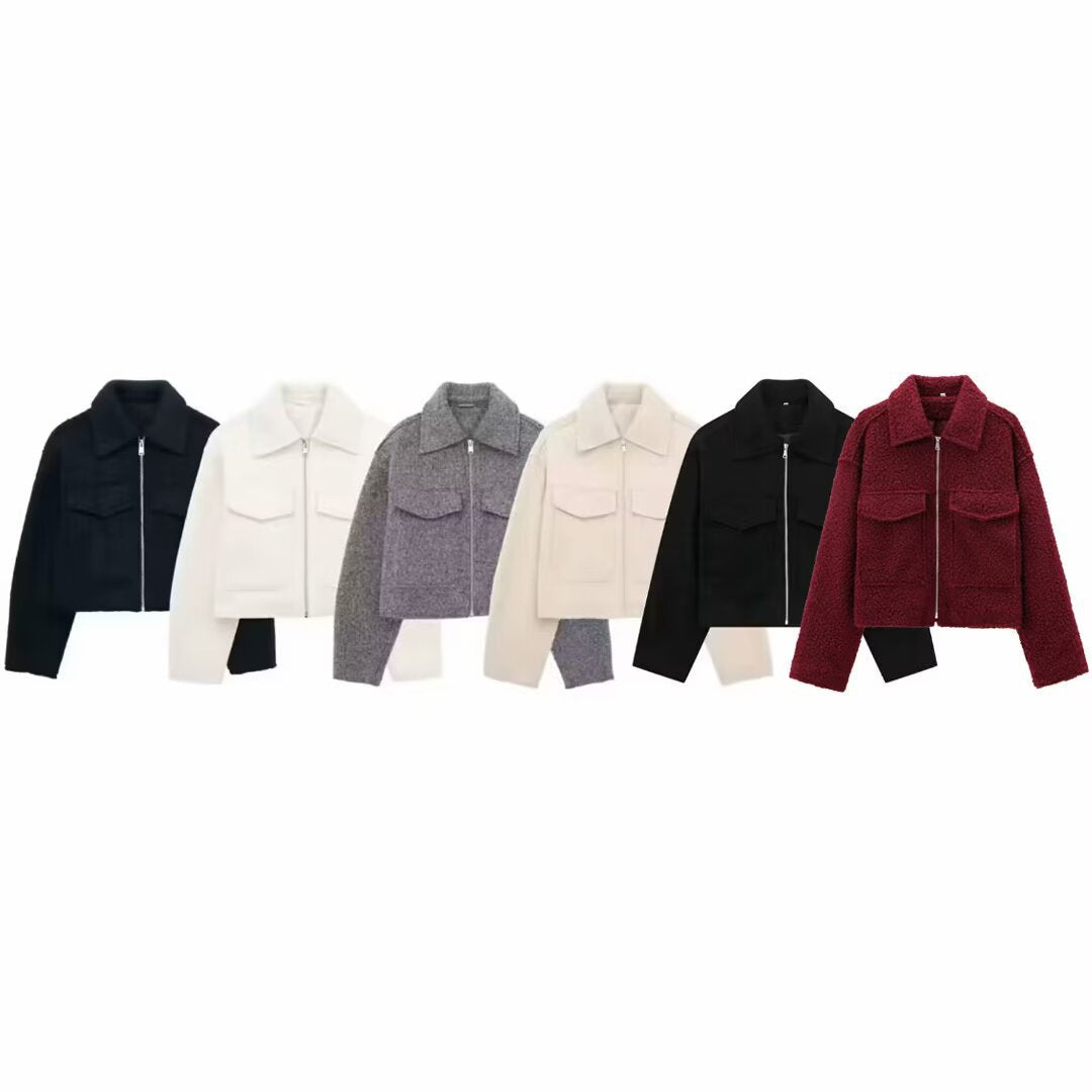Damen Kurzgeschnittene Sherpa-Jacke mit Reißverschluss und aufgesetzten Pattentaschen Shop Nory