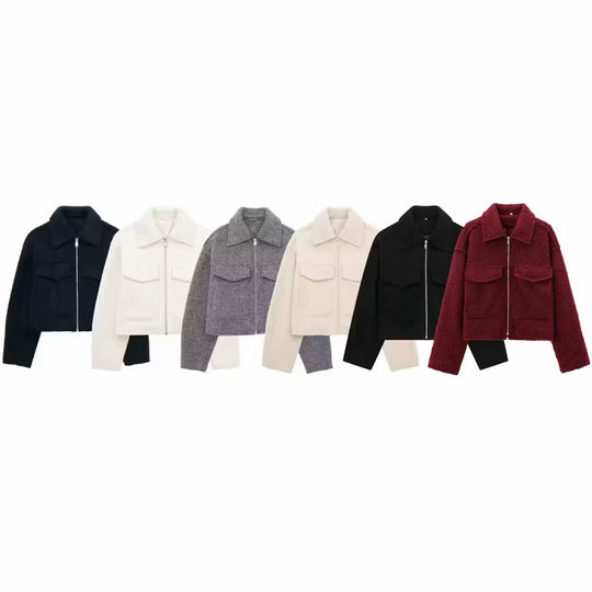 Damen Kurzgeschnittene Sherpa-Jacke mit Reißverschluss und aufgesetzten Pattentaschen Shop Nory
