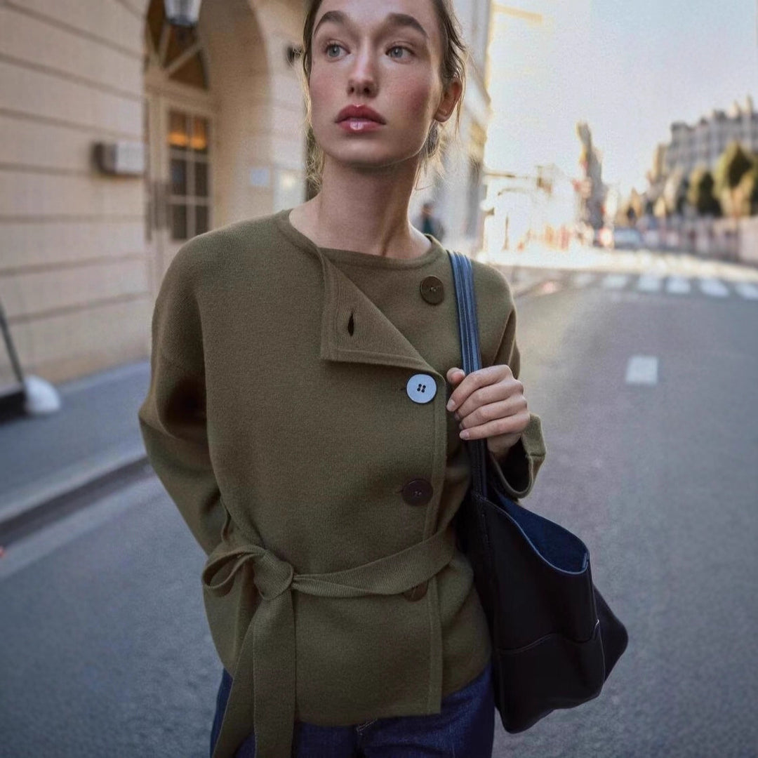 Damen Strickjacke mit asymmetrischer Knopfblende und Taillengürtel Shop Nory