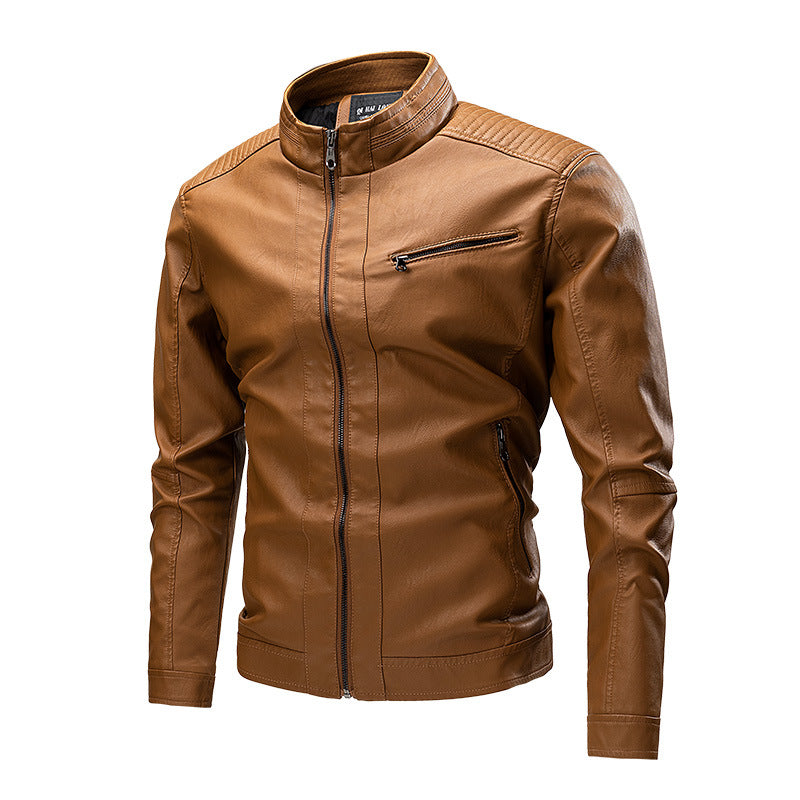 Herren Schmale Kunstleder-Bikerjacke mit Stehkragen und Ziersteppungen Shop Nory