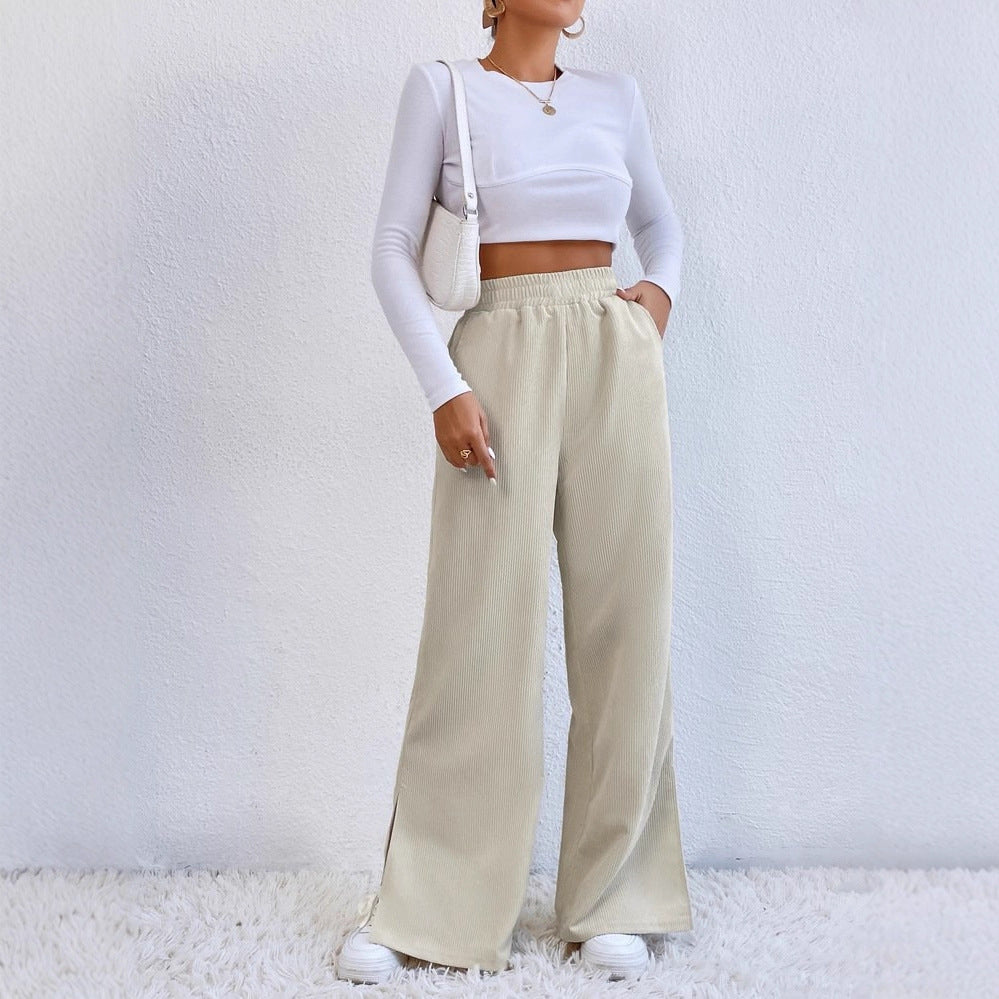 Damen Weite High‑Waist Cordoptik-Loungehose mit elastischem Bund und Seitenschlitzen Shop Nory