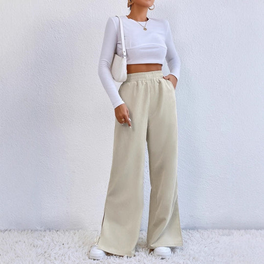 Damen Weite High‑Waist Cordoptik-Loungehose mit elastischem Bund und Seitenschlitzen Shop Nory