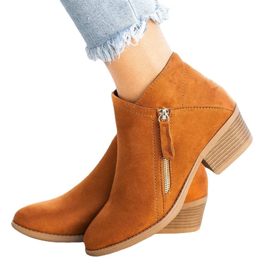 Damen nan elegante knöchelhohe Wildlederoptik-Stiefelette mit schlanker Rundspitze, seitlichem Metallreißverschluss und gestapeltem Blockabsatz Shop Nory