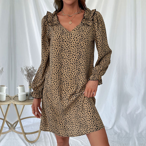 Damen Minikleid mit V-Ausschnitt, Volantkragen und dezentem Animal-Print Shop Nory
