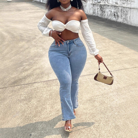 Damen High-Waist Stretch-Jeans mit leichtem Flare und seitlichen Druckknopf-Details Shop Nory