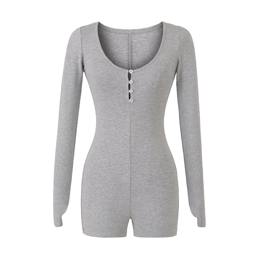 Damen Enganliegender Langarm-Body mit Knopfleiste und kurzer Shorts Shop Nory