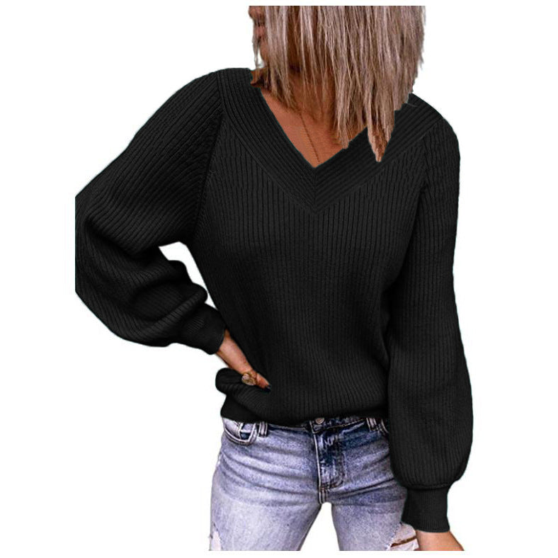 Damen Gerippter V‑Ausschnitt Pullover mit Ballonärmeln und lässiger Passform Shop Nory