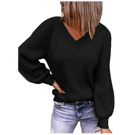 Damen Gerippter V‑Ausschnitt Pullover mit Ballonärmeln und lässiger Passform Shop Nory