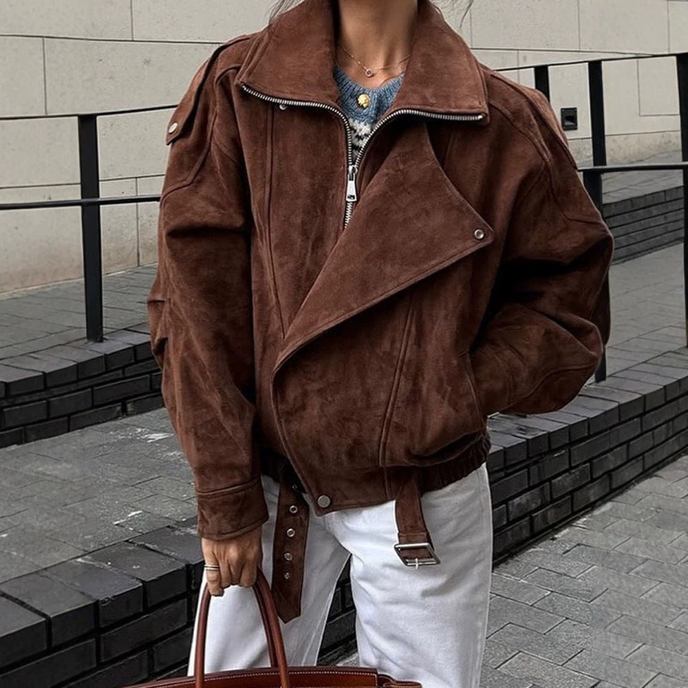 Damen Kurze Veloursleder-Bomberjacke mit hohem Stehkragen und Taillengürtel Shop Nory