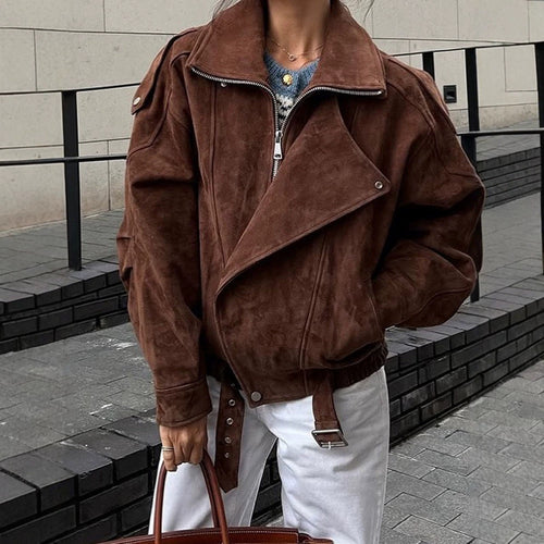 Damen Kurze Veloursleder-Bomberjacke mit hohem Stehkragen und Taillengürtel Shop Nory
