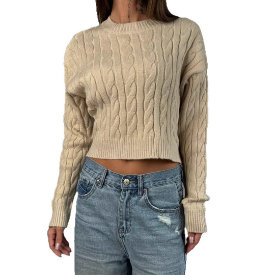 Damen Kurzer Boxy-Zopfstrickpullover mit geripptem Saum und Rundhalsausschnitt Shop Nory