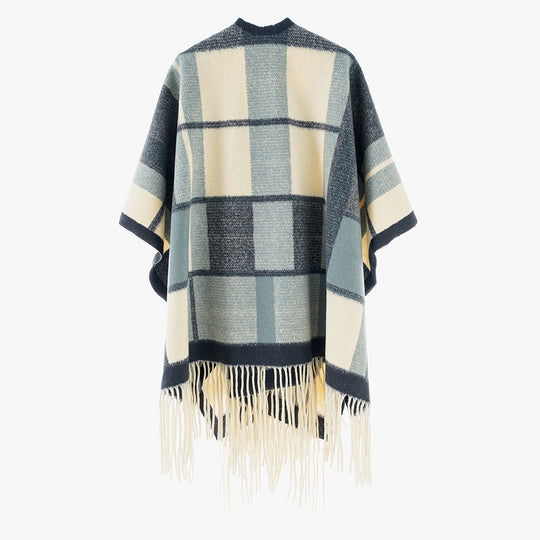 Damen Capeponcho im Oversize‑Rechteckschnitt mit karierter Webstruktur und Fransen Shop Nory