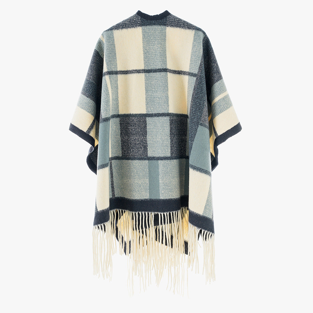 Damen Weicher Strick‑Überwurf im Kimono‑Stil mit Karomuster und Fransensaum Shop Nory