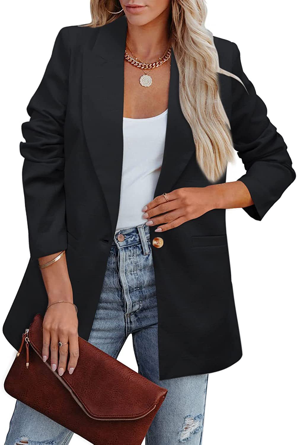 Shopnory | Doppelreihiger Blazer mit Gerafften Ärmeln und Taschen