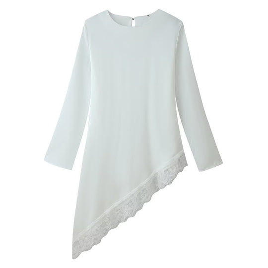 Damen Asymmetrische Langarm-Tunika mit Spitzenbesatz und schrägem Saum Shop Nory