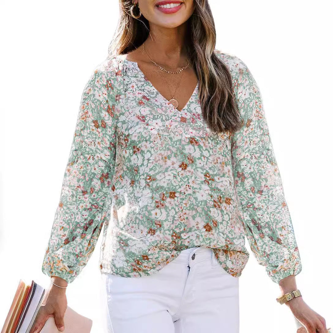 Damen Bluse mit floralen Mustern und V-Ausschnitt