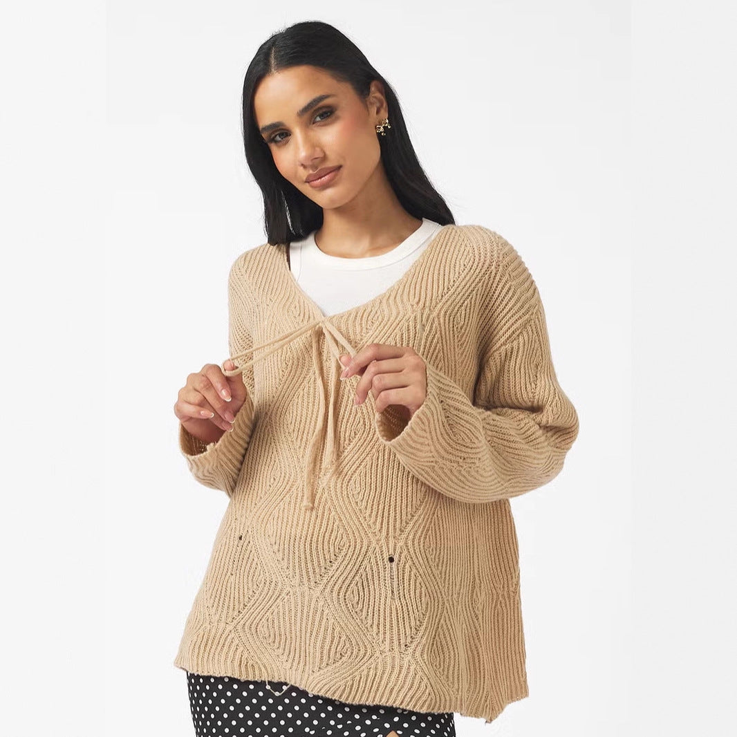 Damen Oversize Strickpullover mit V-Ausschnitt, Kordelzug und Rautenstruktur Shop Nory