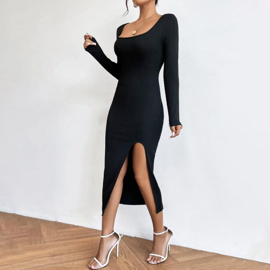 Damen figurbetontes Midikleid mit U‑Ausschnitt langen Ärmeln und hohem Beinschlitz Shop Nory