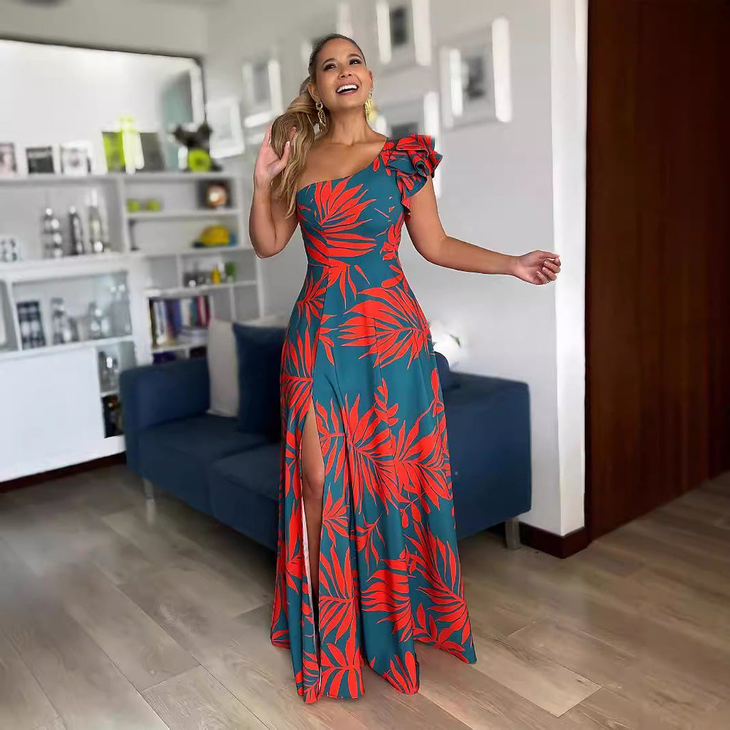 Damen Maxikleid mit asymmetrischen Rüschen und hohem Schlitz