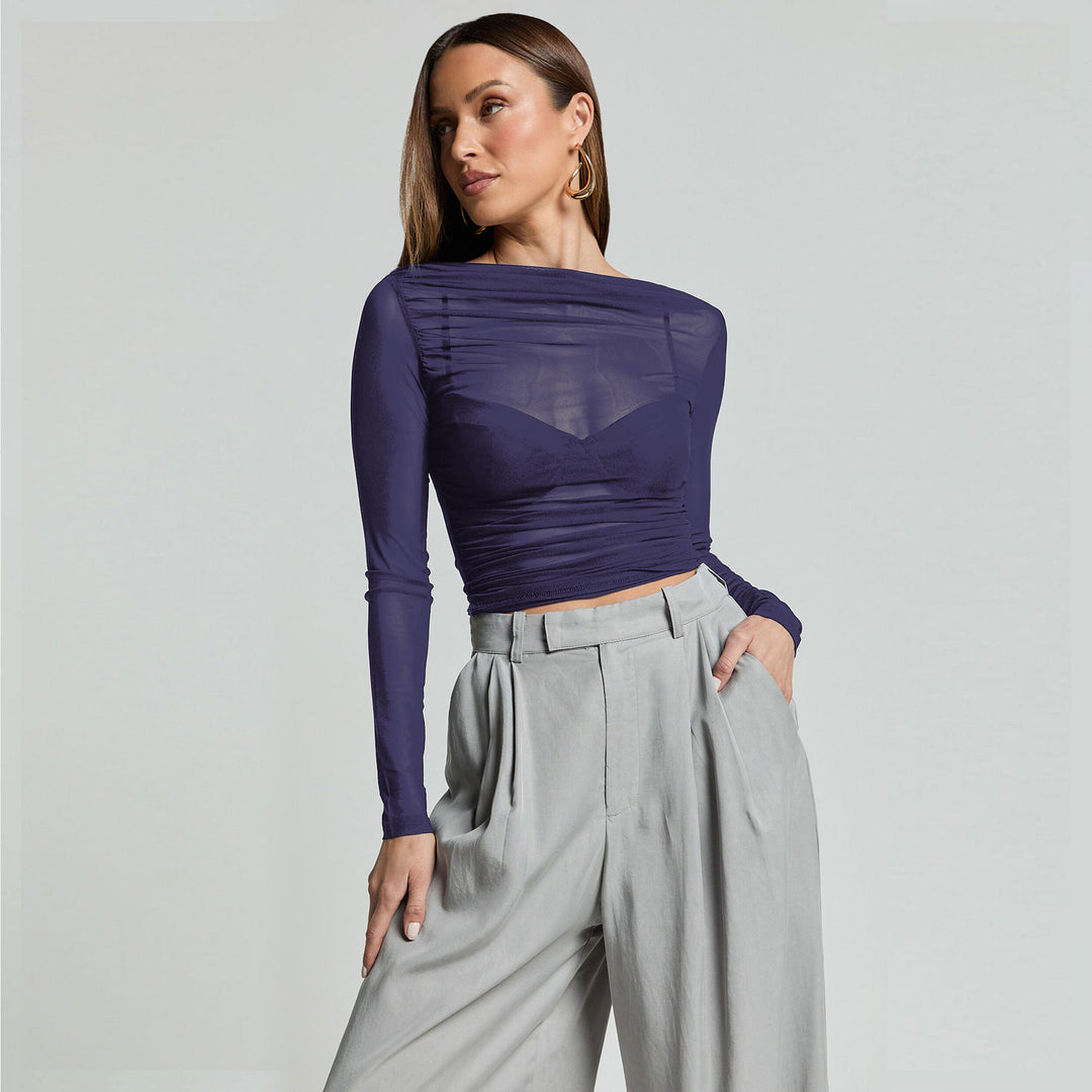Damen Elegantes Langarmoberteil mit transparentem Mesh und Raffung
