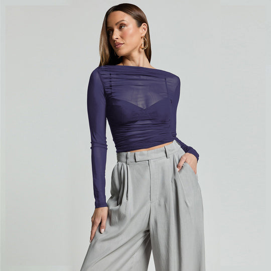 Damen Elegantes Langarmoberteil mit transparentem Mesh und Raffung