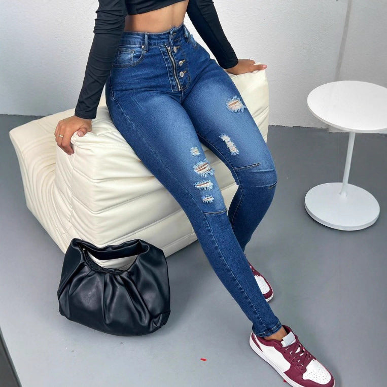 Damen Hochtaillierte Skinny-Jeans mit Mehrfach-Knopfleiste, Ripped-Details und sculptendem Stretchschnitt Shop Nory