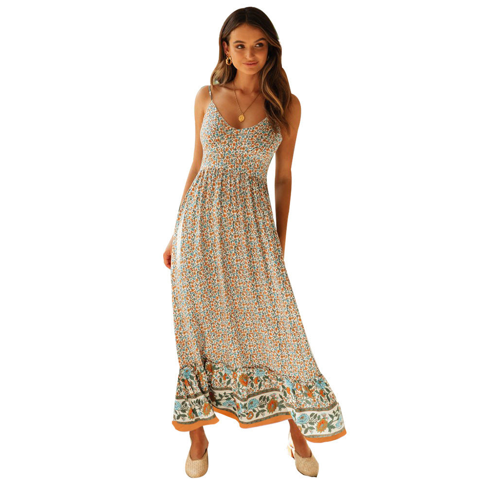 Damen Maxikleid mit floralem Muster und zartem Spaghettiträger-Design