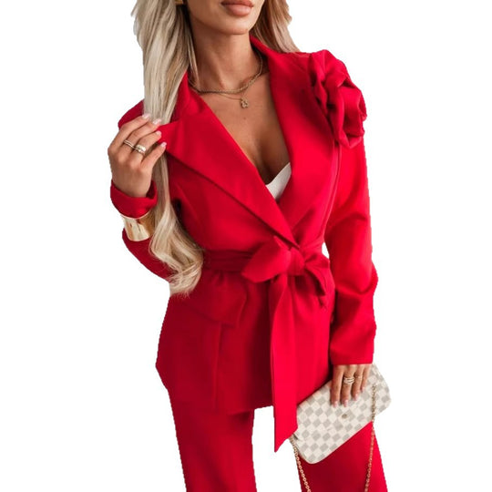 Damen Elegantes Oversize-Blazer-Set mit rosafarbener Rosenapplikation und Highwaist Weitbein-Hose Shop Nory