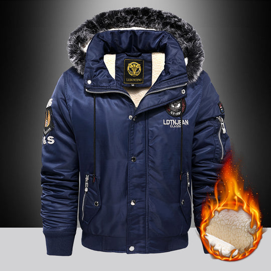Herren Gepolsterte Bomberjacke mit Teddyfutter, Kunstfellkapuze und Abzeichen Shop Nory