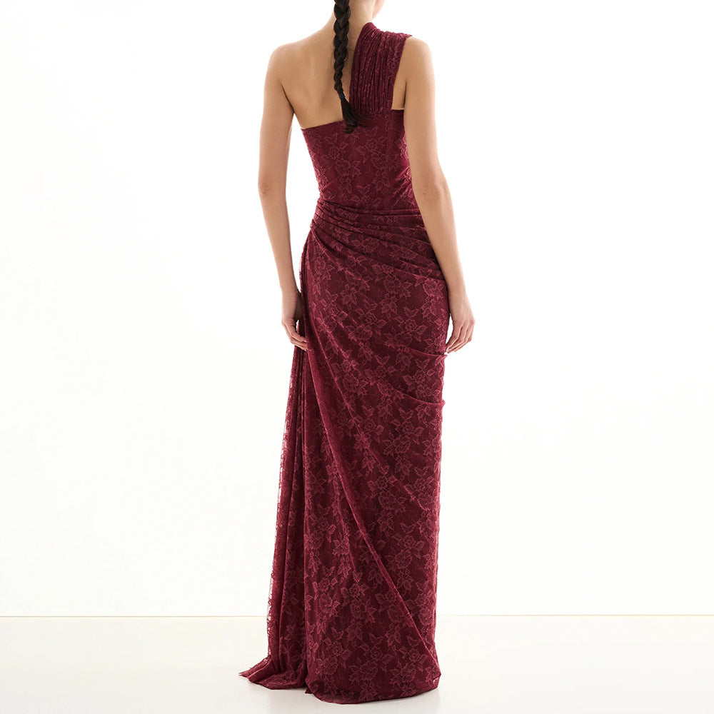 Damen elegantes Abendkleid mit asymmetrischem One-Shoulder-Design und floralem Spitzenbesatz