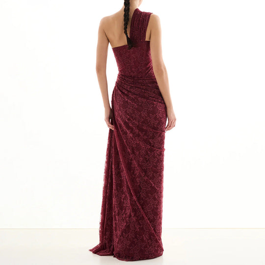 Damen elegantes Abendkleid mit asymmetrischem One-Shoulder-Design und floralem Spitzenbesatz