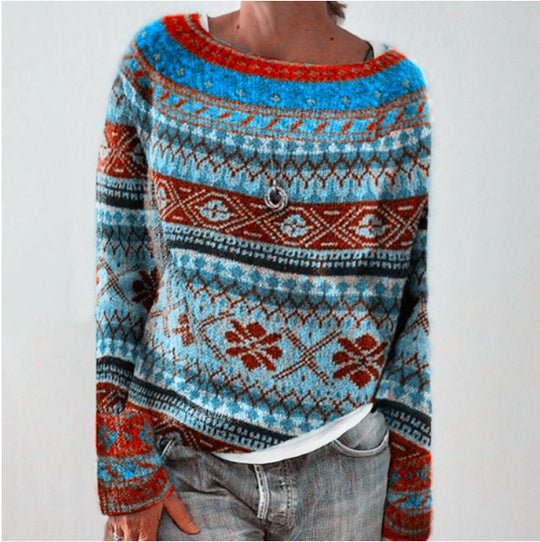 Damen nan gemusterter Norwegerstrickpullover mit weitem Rundhalsausschnitt und lässigem Oversize-Schnitt Shop Nory
