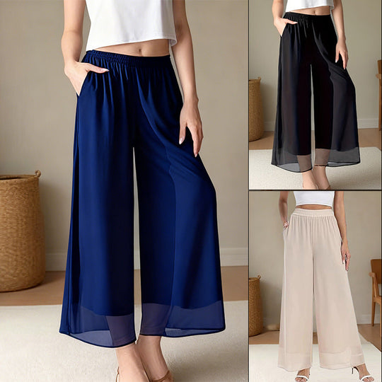Damen Weit geschnittene Chiffon-Hose mit elastischem Taillenbund und hohen Seitentaschen