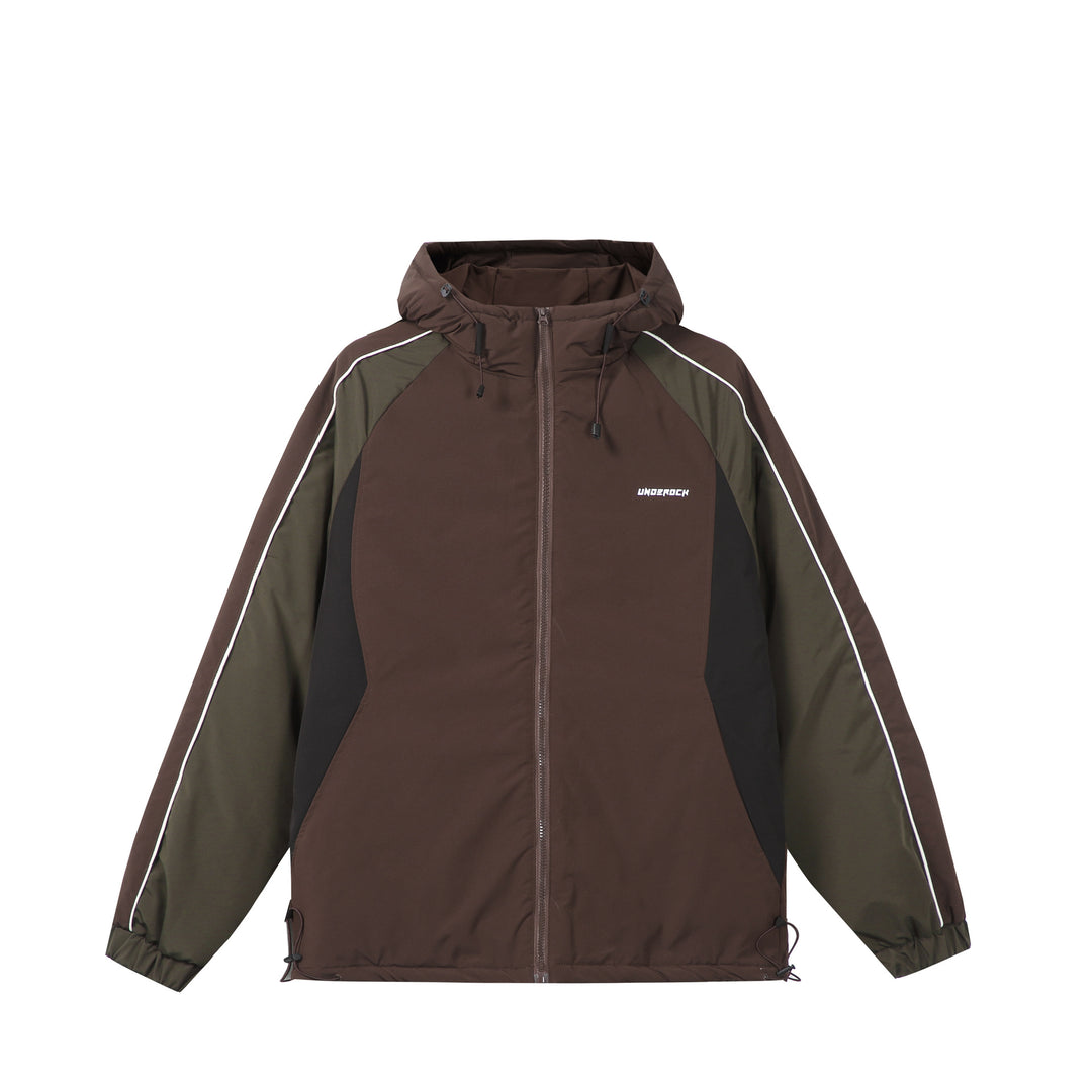 Unisex Kurz geschnittene gesteppte Kapuzenjacke mit reflektierenden Paspeln und Kordelzugsaum Shop Nory