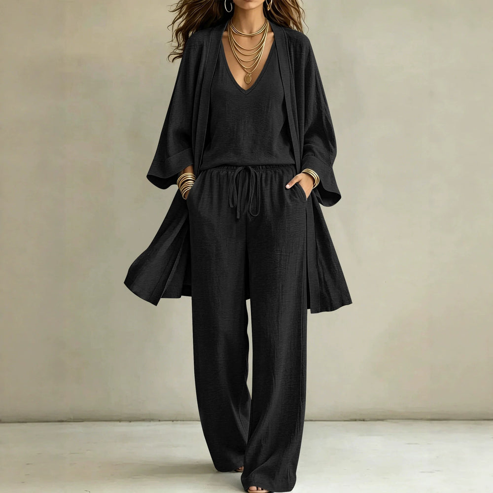 Damen Lässiges Lounge-Set mit Kimono-Cardigan, V‑Ausschnitt-Shirt und weiter Kordelhose Shop Nory