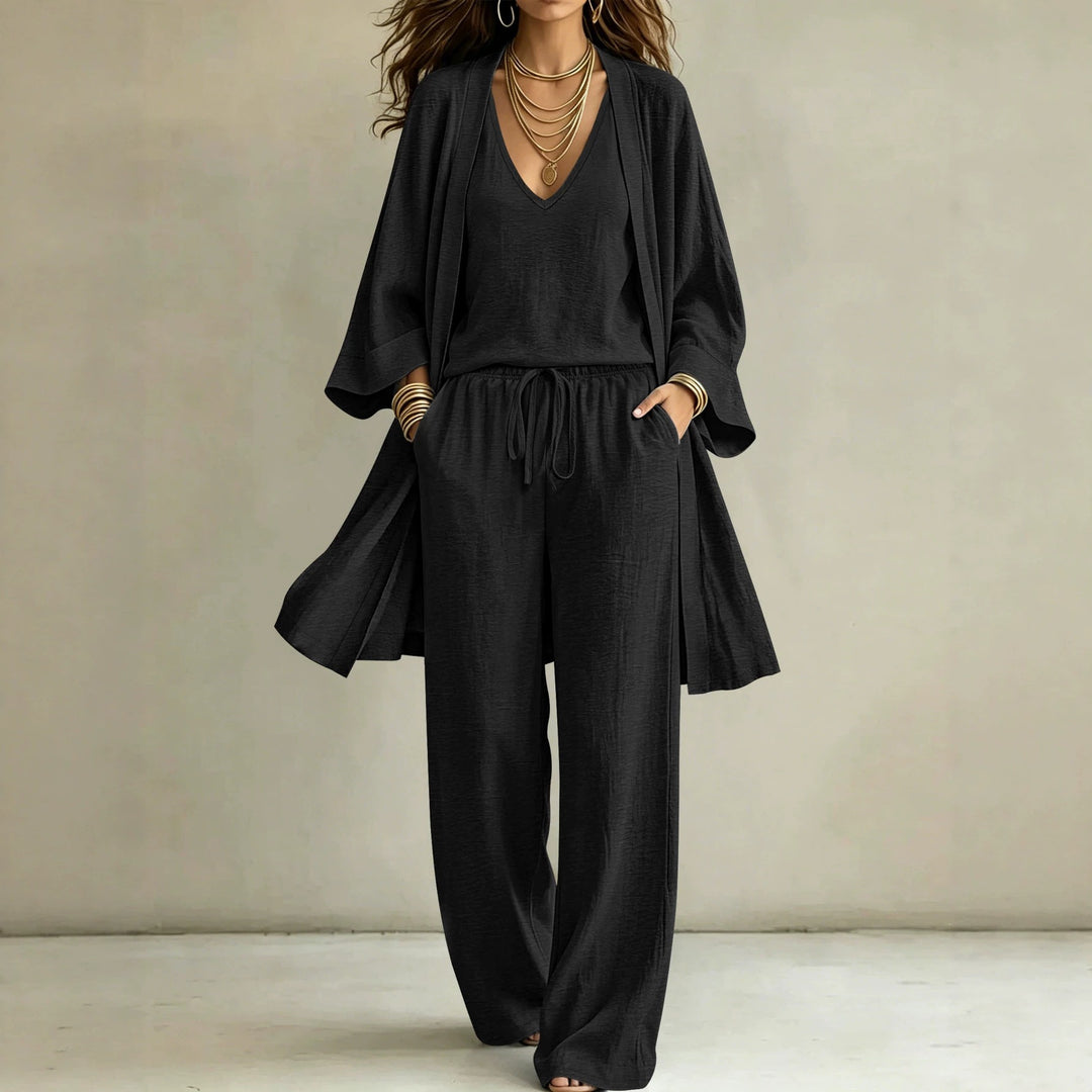 Damen Lässiges Lounge-Set mit Kimono-Cardigan, V‑Ausschnitt-Shirt und weiter Kordelhose Shop Nory