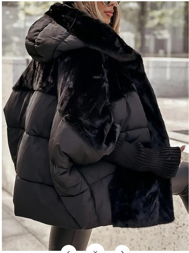 Damen nan oversized gesteppte Winterjacke mit Kunstfellpanelen, Kapuze und integrierten Rippenärmel-Details Shop Nory