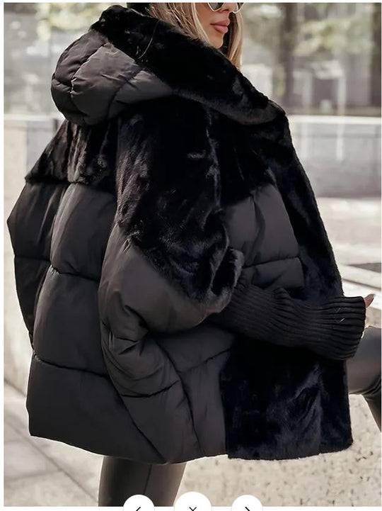 Damen nan oversized gesteppte Winterjacke mit Kunstfellpanelen, Kapuze und integrierten Rippenärmel-Details Shop Nory