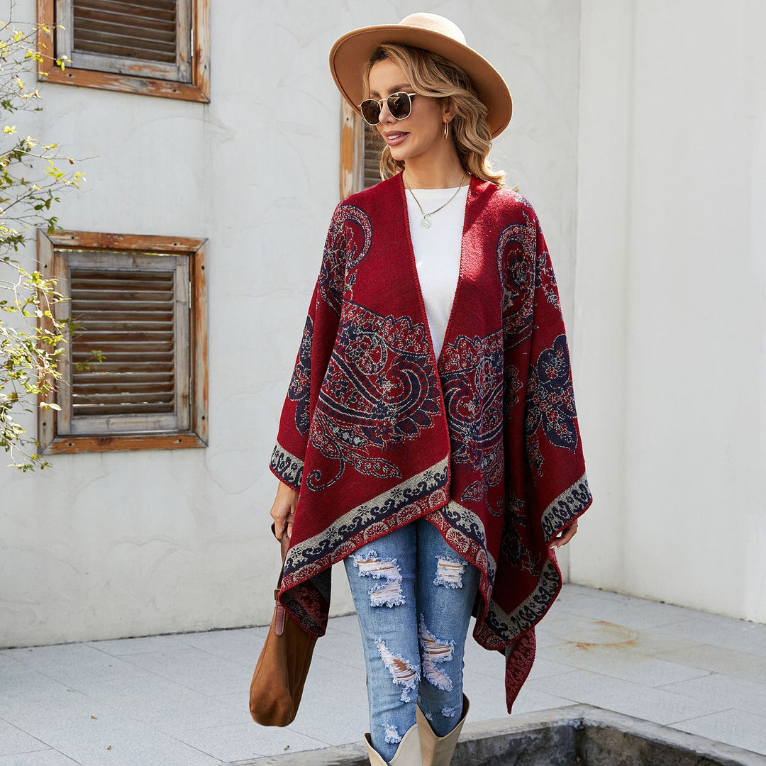 Damen Eleganter Jacquard-Poncho mit Paisley-Muster und offener Vorderseite Shop Nory