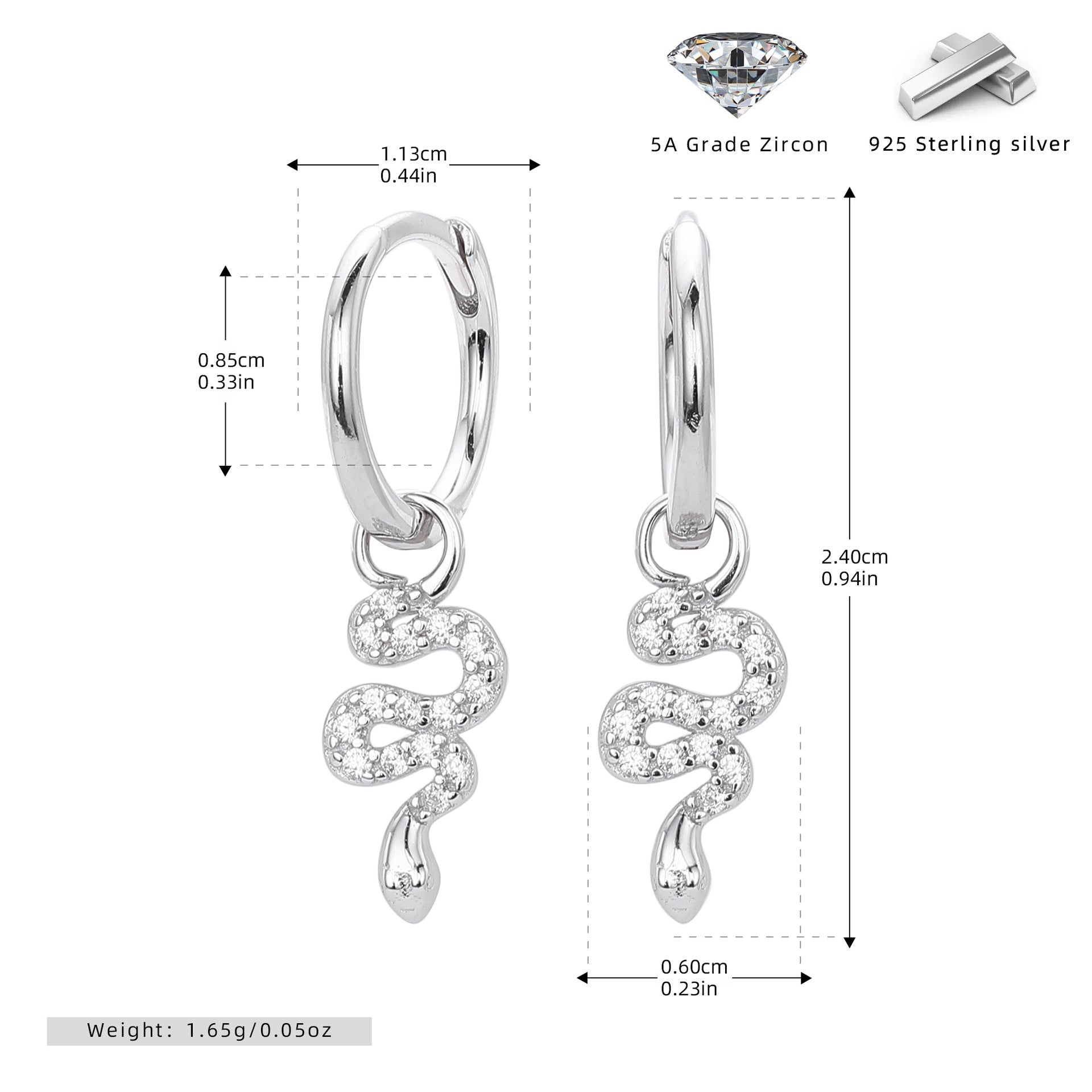 Damen Ohrhänger mit elegantem Schlangenmotiv aus hochwertigem 925 Sterling Silber und funkelnden Zirkonia Shop Nory