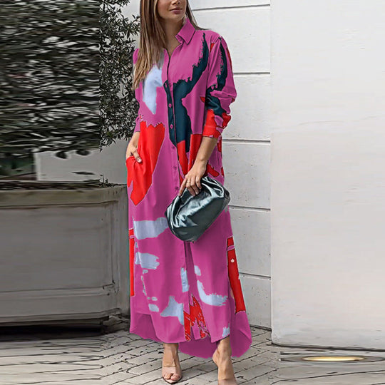 Damen Langes Hemdblusenkleid mit abstraktem Pinselprint und seitlichen Eingrifftaschen Shop Nory